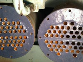 Värmeväxlaren reparerad och skyddad med Belzona 1321 (Ceramic S-Metal) och Belzona 1111 (Super Metal)